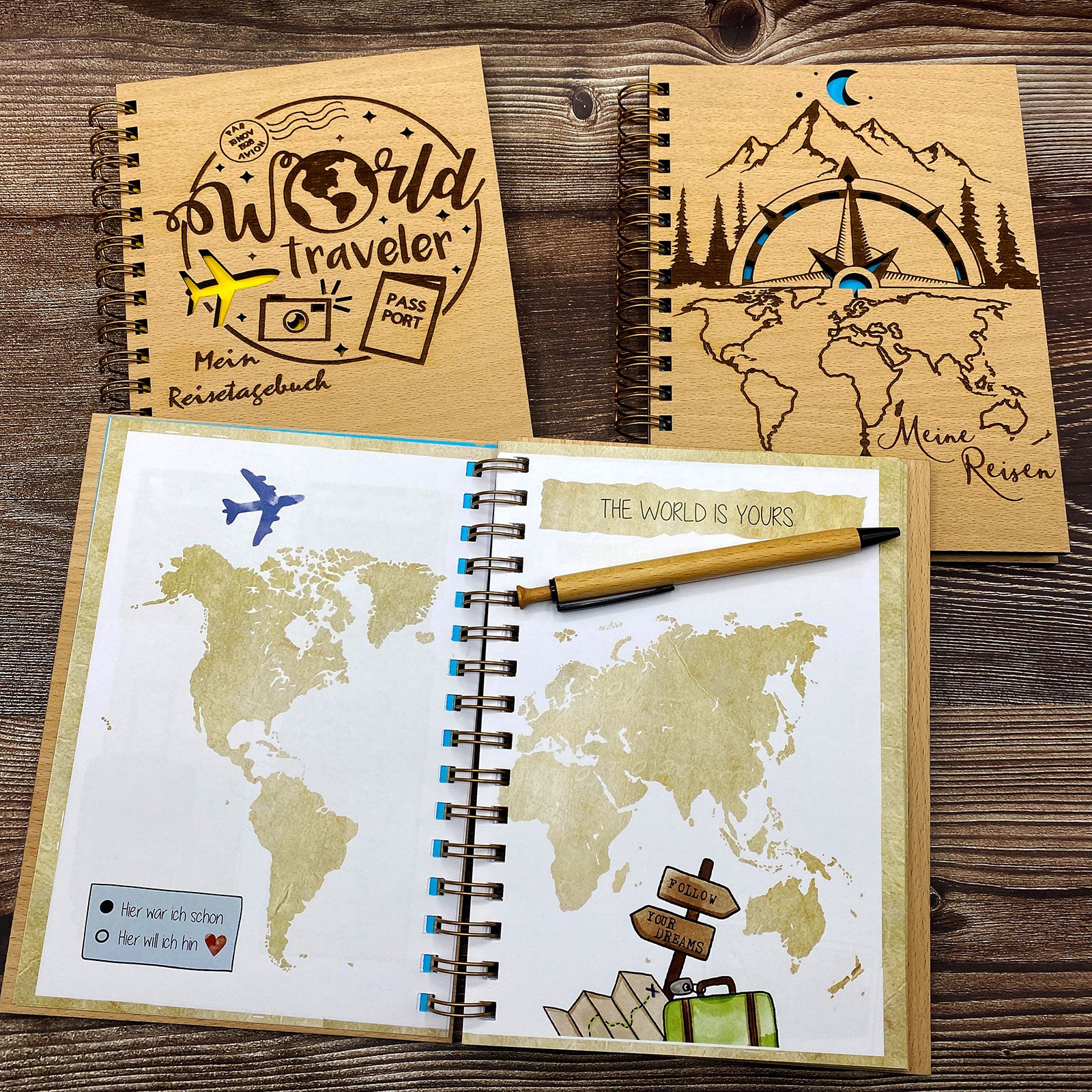 Buch für Urlaub - Reisetagbücher aus Holz